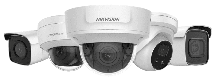 Close-up of a Hikvision security camera with multiple lenses in a white casing.