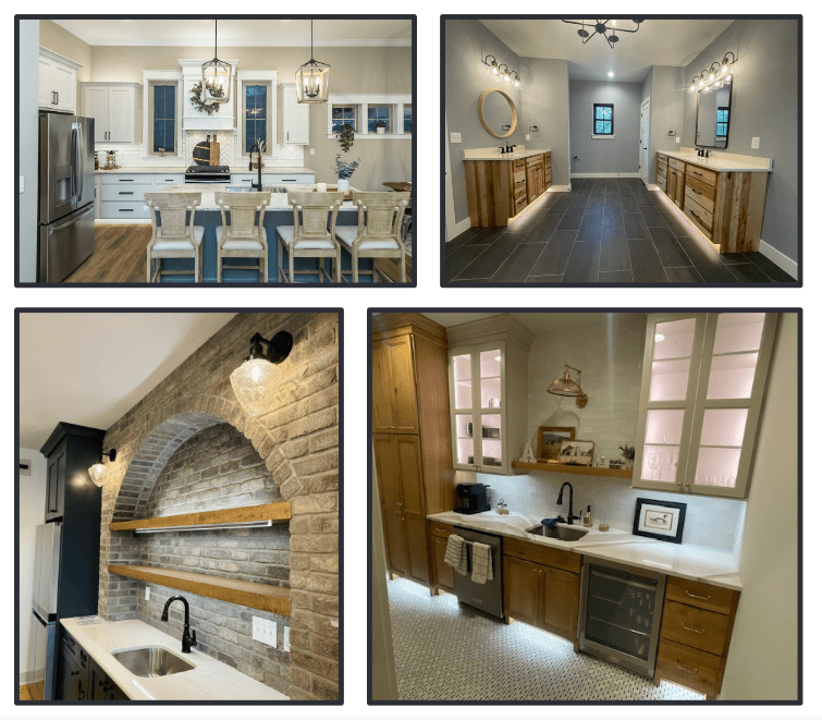 Four images showcasing elegant bathroom and kitchen interiors with modern and rustic designs.
