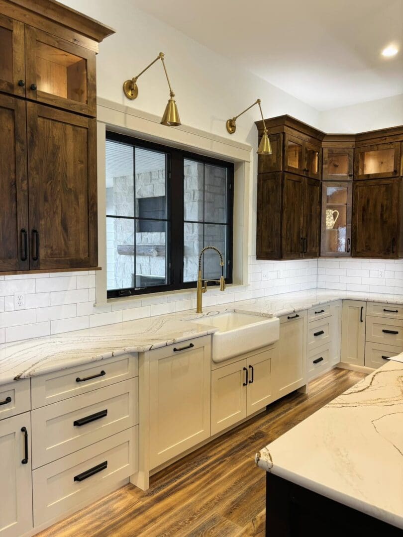 Modern kitchen with farmhouse sink and rustic cabinetry.