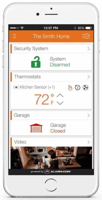Smart home interface showing thermostat and garage status.