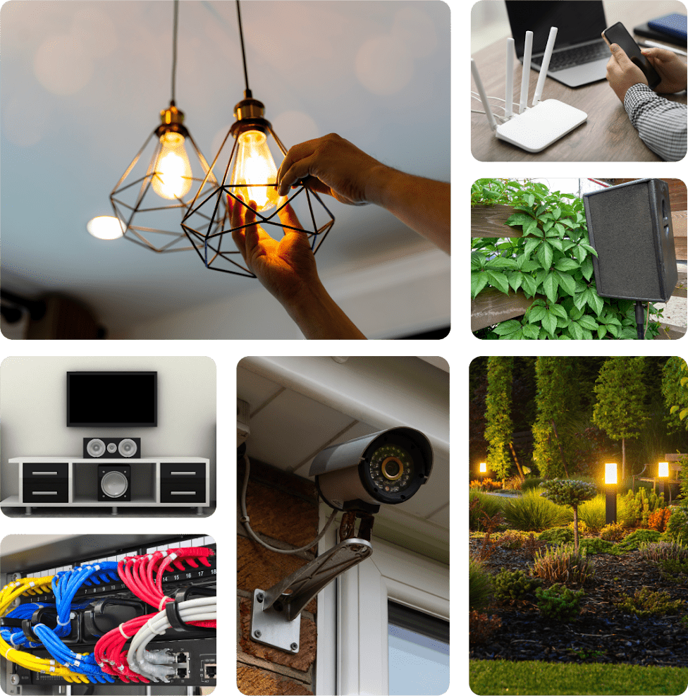 Collage of home improvement and outdoor scenes including lighting, gardening, and security.